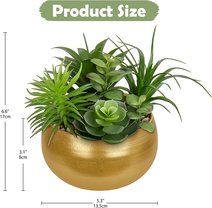 Hollyone Fake Plants Artificial Succulents in Pots Faux Succulent Arrangement Potted Plant in Gold Ceramic Planter Bowl for Home Decor Office Desk Bathroom Shelf Living Room Indoor Decorations