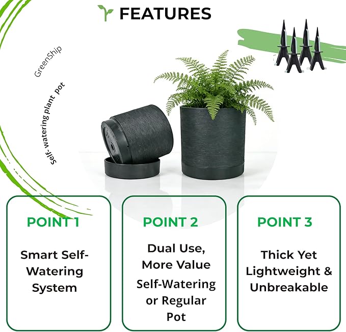 GreenShip Planter Set of 2 (13.7" & 11.8") – Dual-Use Self-Watering or Traditional Indoor Cylinder Flower Pots with Saucers & Side Drainage – Durable Lightweight Clay & Resin Blend