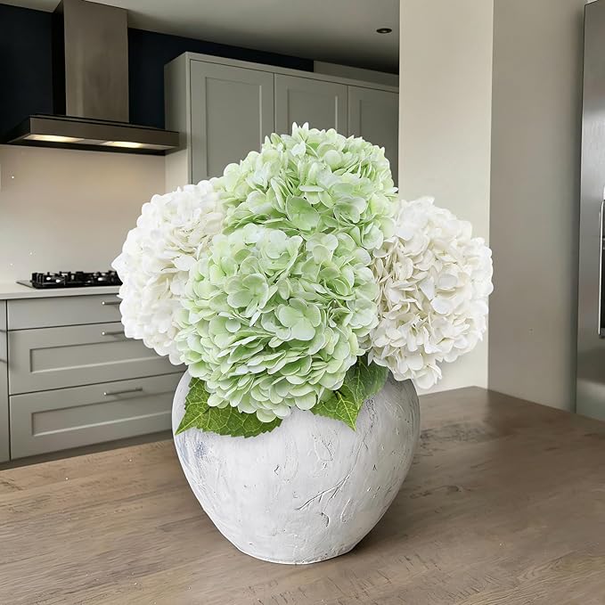 Coferset 4Pcs Hydrangea Artificial Flowers Lifelike Faux Hydrangea Real Touch Artificial Flowers for Outdoors Home Wedding Christmas Office Party Living Room Decoration,22inch(2 White+2 Light Green)