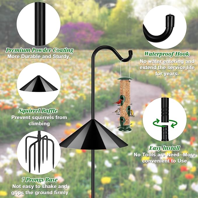 FEED GARDEN 92’’ Bird Feeder Pole Squirrel Proof 1 Pack, Adjustable Tall Shepherds Hooks for Outdoor with 7 Prongs Base, Heavy Duty Shepherd Hook with Baffles, Pole for Bird Feeder, Plant Baskets