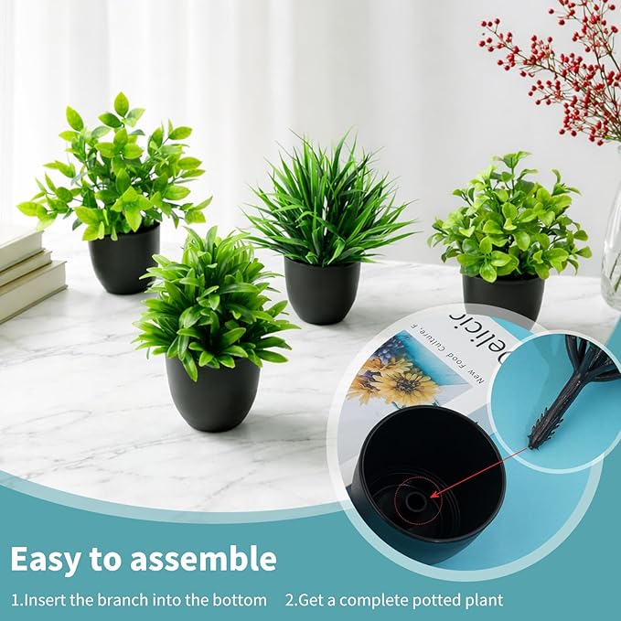 4 Pack Fake Plants Small Artificial Potted Plants for Home Office Desk Decor, Mini Faux Greenery with Black Pots, Assorted Artificial Grass & Leaf Plants for Indoor Shelf Bathroom Kitchen Decoration