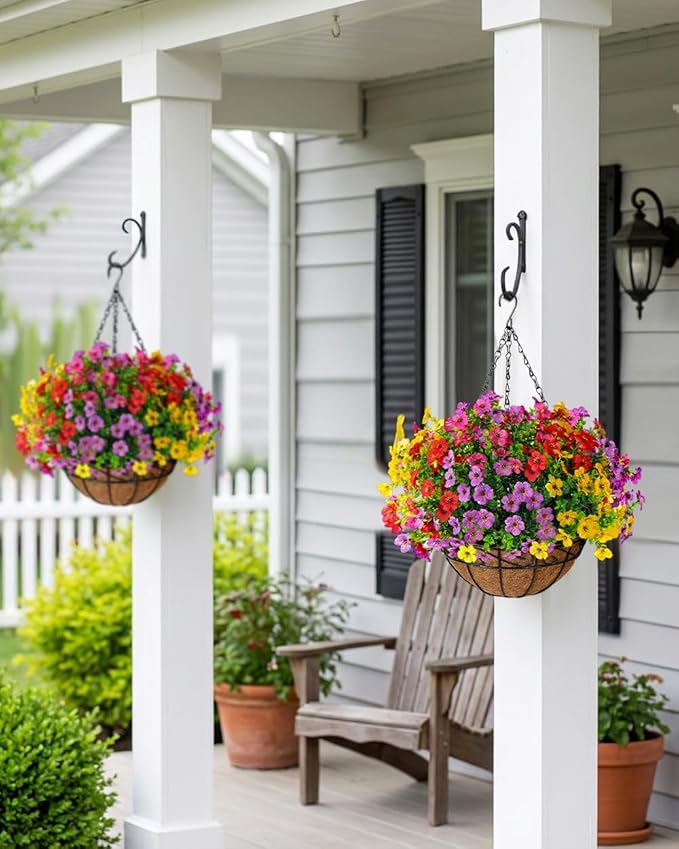 TDHDIKE Artificial Faux Fake Hanging Flowers Plants Basket for Summer Outdoor Outside Decoration UV Resistant Fake Silk Colorful Daisy Eucalyptus for Porch Patio Balcony Yard Garden Home Decor