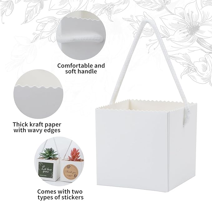Temlum 2.5 Inch Succulent Wrap Bags (Fits 2.5″ Pots) with Thank You & Let Love Grow Stickers, Small Gift Box for Wedding, Baby Shower, Succulent Party Favors for Guests (White 40pcs)