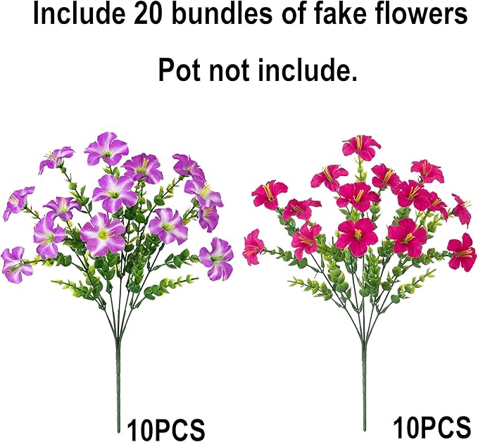 Artificial Flowers for Outdoors Fake Plants Outside Decoration, 20 Bundles Silk Petunia with Eucalyptus UV Resistant Realistic Faux Flowers for Outdoor Planters Garden Balcony Yard Porch Patio, Mix