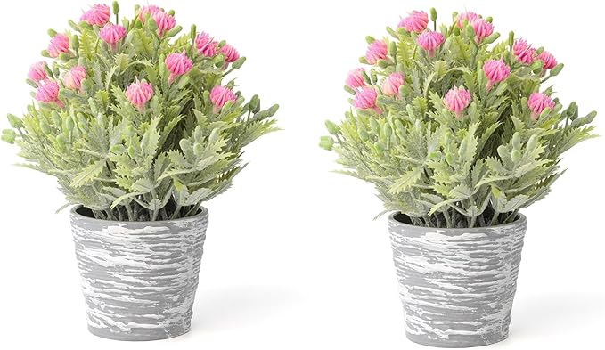 2 Pack Small Desk Plants, Artificial Bathroom Plants Decor with Flower in Vintage Melamine Pots, Faux Plants Indoor for Shelf Decor in Home Office, and Spring Decor (Fuchsia)