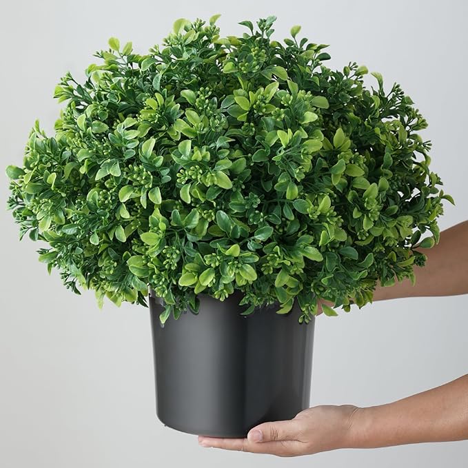 Set of 2 Artificial Boxwood Topiary Ball Trees for Front Door - Realistic Faux Aglaia Odorata Bush with Pot, Fake Eucalyptus Leaves Potted Plants for Porch Farmhouse Outdoor Decor (Green)