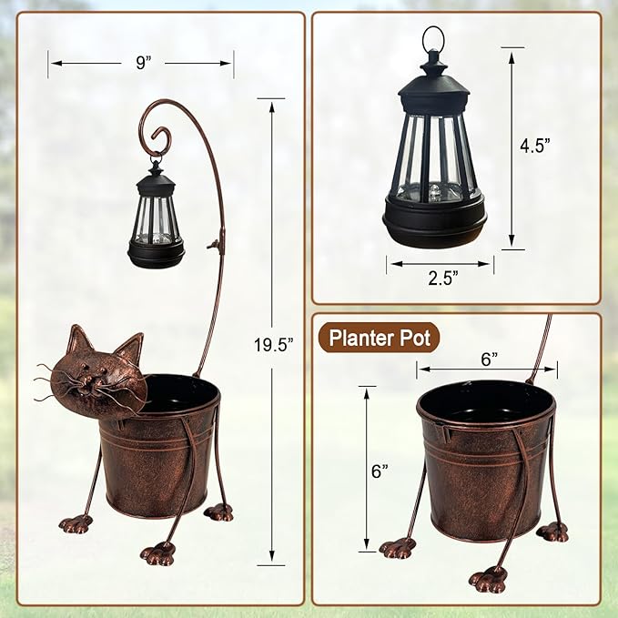 Solar Lights Outdoor with Planter Pot,Metal Cat Solar Lamp Post with Planter Base Outdoor Decorative for Yard,Porch,Patio,Floor Light with Garden Pots