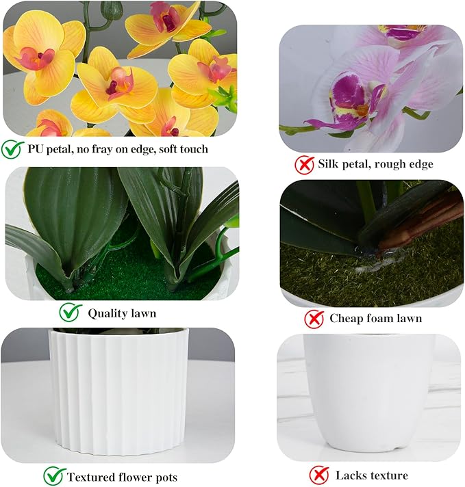 4Pcs Fake Orchids Artificial Flowers Washable Phalaenopsis Orchids Flowers in Pot for Home Wedding Table Centerpiece Bathroom Office Decoration (White & Purple & Yellow)
