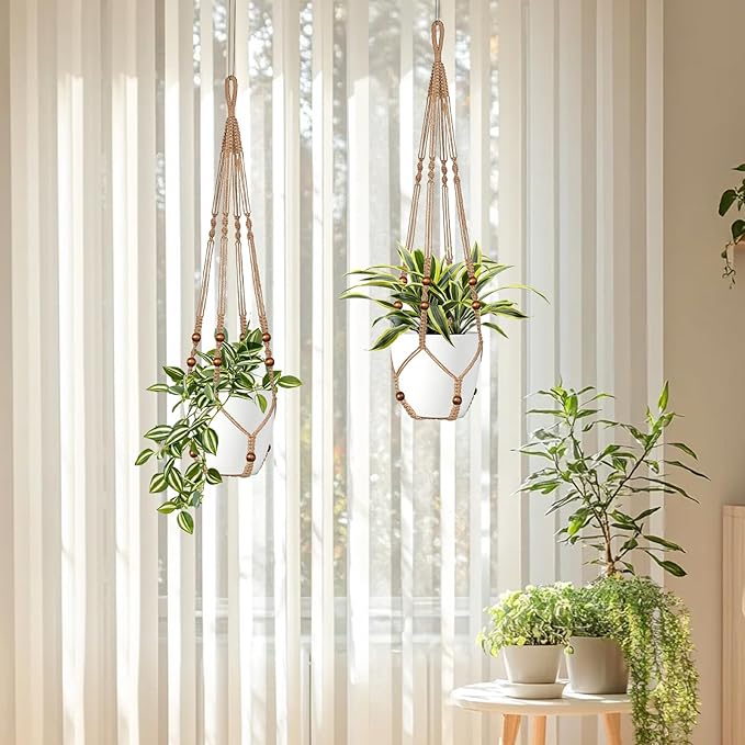 LEWESU Jute Macrame Plant Hanger Indoor Set of 4 Hanging Planter Basket Flower Pot Holder with Decorative Wood Beads & No Tassels for Indoor Outdoor Boho Home Decor, 35 Inch Brown (Pots Not Included)