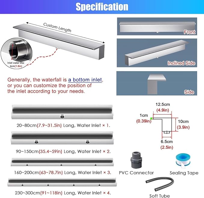 Stainless Steel Pond Waterfall Spillway Kit - Straight Spout Fountain for Garden, Backyard & Pool Water Features, Durable Outdoor Waterfall Enhancer