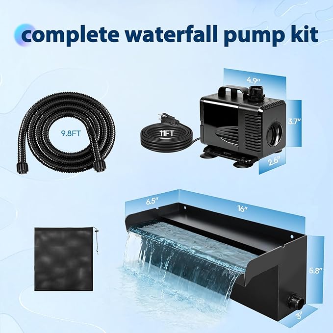 16 Inch Pond Spillway Waterfall Kit with 930GPH Pump, for Up to 6000 Gallon Ponds, Garden Patio Outdoor Water Feature,Waterfall for Pond(3-Year Warranty)