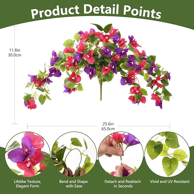 Homsunny Artificial Fake Flowers Plants for Outdoor Summer Decoration, 2 Pcs Faux Silk Flower Bougainvillea Vines Look Real UV Resistant for Home Porch Patio Balcony Yard Spring Decor(Mix Purple)