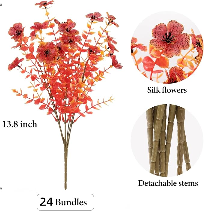 24 Bundles Artificial Fall Flowers Outdoor UV Resistant Fake Mums Bulk Outdoor Faux Mums Plants Plastic Flower Decorations for Home Garden Porch Hanging Planter Vase Autumn Decor Outside, Orange