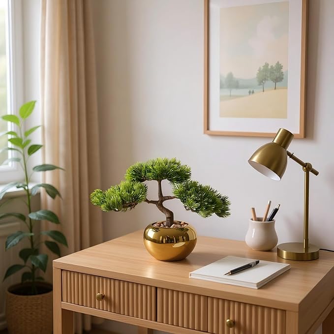 9.5 Inch Artificial Bonsai Tree with Ceramic Pot - Decorative Fake Plant for Home Office Living Room Window Sill, Fake Plants for Year-Round Decoration（Gold）