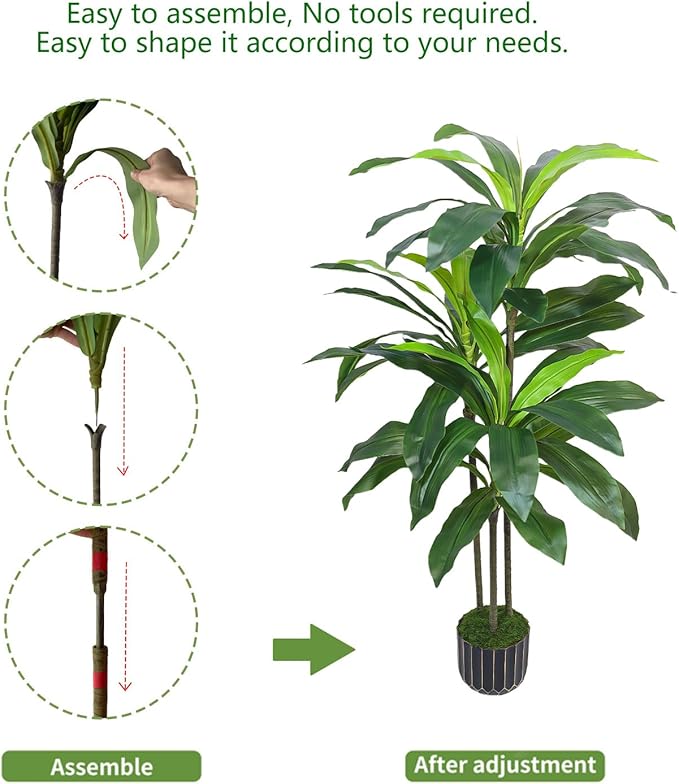 Artificial Dracaena Tree 48in - Fake Plants Tree with Black Planter - Faux Yucca Tree Tall with Lifelike Trunk and Leaves in Pot - Dracaena Artificial Plant for Home Office Living Room Fireplace Decor