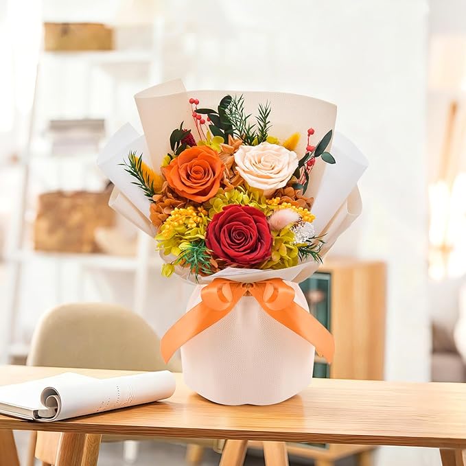 Gnifot Preserved Flowers Bouquet, Flowers for Delivery,Handmade Orange Rose Bouquets Lasting 3-5 Years, Luxury Gift Box,Birthday Flowers Gifts for Women Mom Grandma Wife Friends