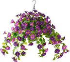 Homsunny Artificial Hanging Fake Flowers with Basket Plants for Outdoor Decoration, Faux Silk Flower UV Resistant Morning Glory for Home Porch Patio Garden Balcony Yard Look Real (Purple)