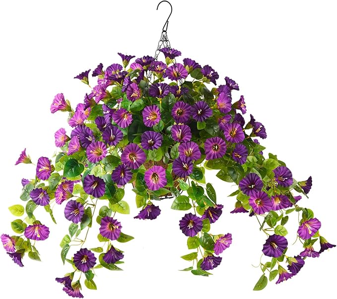 Homsunny Artificial Hanging Fake Flowers with Basket Plants for Outdoor Decoration, Faux Silk Flower UV Resistant Morning Glory for Home Porch Patio Garden Balcony Yard Look Real (Purple)