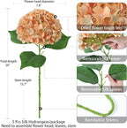 ZYTUYO 5 Pcs Peach Orange Silk Hydrangeas Artificial Flower Boho Dried Touch 20'' Faux Hydrangeas for Indoor Home Decor Kitchen Living Room Outdoor Porch Wedding Flower Arrangement