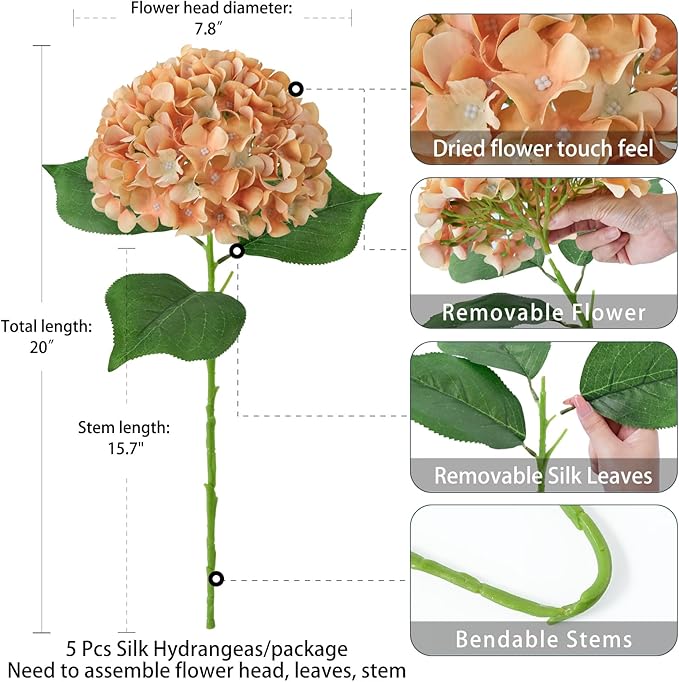 ZYTUYO 5 Pcs Peach Orange Silk Hydrangeas Artificial Flower Boho Dried Touch 20'' Faux Hydrangeas for Indoor Home Decor Kitchen Living Room Outdoor Porch Wedding Flower Arrangement