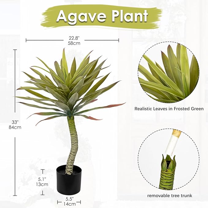 Briful Large Fake Agave Plants 2.76ft/33in Tall Artificial Yucca Plants in Black Pot Outdoor Faux Agave Plant for Home Decor Office Fornt Porch Balcony Living Room Decor