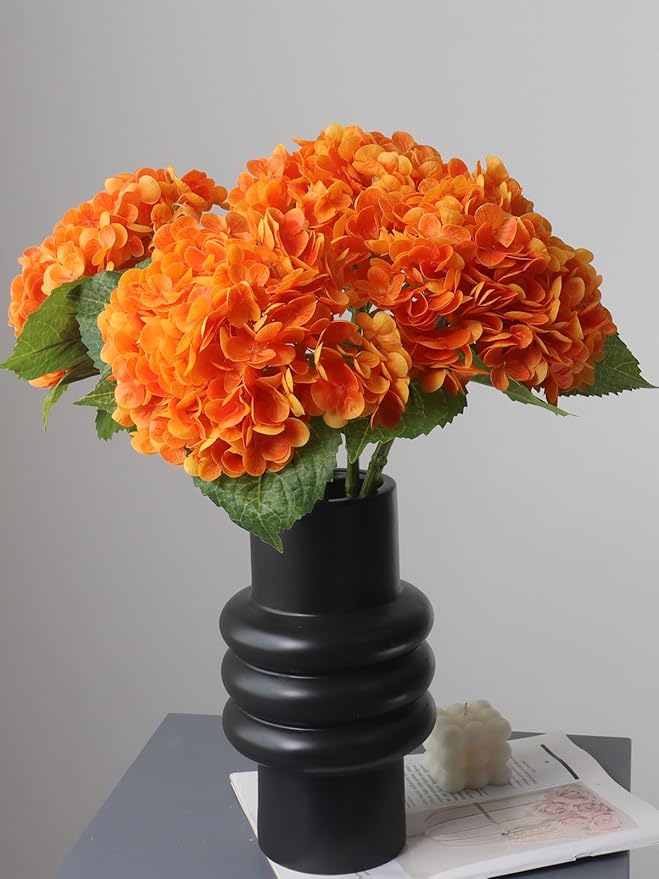 Buart 4PCS Long Stem Big Size Orange Flowers Artificial Silk Hydrangea Lifelike Flowers Real Touch Artificial Flowers Wedding Shower Bride Bouquets Office Living Room Table Decorations (21 Inch)