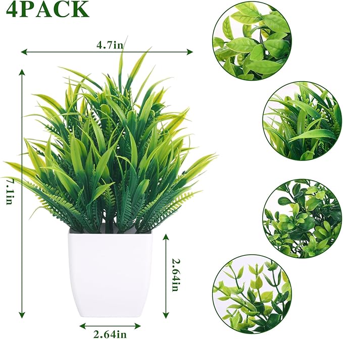 CEWOR Fake Plants 4 Packs Small Artificial Mini Plants Potted Bathroom Accessories Decorations for Desk Office Farmhouse Kitchen Table Decor Indoor