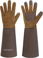 HANDLANDY Long Gardening Gloves for Men & Women, Cowhide Leather Rose Pruning Gloves- Breathable & Durable Gauntlet Glove (X-Large, Brown)