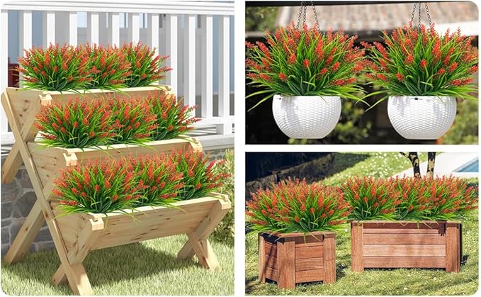 obbsie 36 Bundles Artificial Plants Outdoor, 18.2" UV Resistant Faux Monkey Grass Greenery Stems No Fade Faux Plastic Flowers Shrubs for Home Weddings Garden Porch Front Patio Office Decor - Red