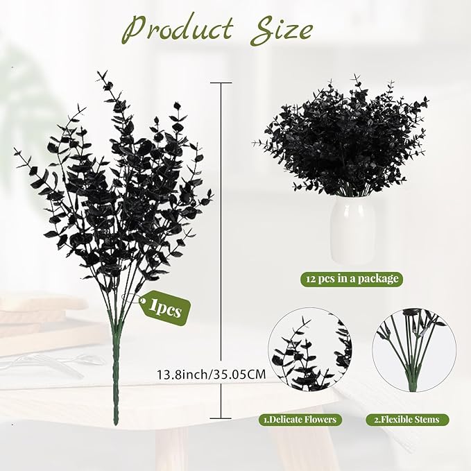 RECUTMS 12 Bundles Artificial Flowers Outdoor UV Resistant Outdoors Fake Plants Faux Plastic Flower for Hanging Planters Outside Porch Vase Home Window Decoration,Spring Decorations(Black Eucalyptus)