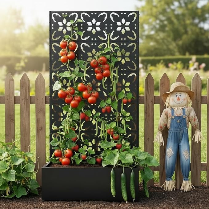 QINPTWUT Cottage Romance Edition Privacy Screen Planter Box with Trellis, Metal Raised Garden Bed for Climbing Plants, 27 Gallon Outdoor Divider for Patio Balcony Backyard, Easy Assembly