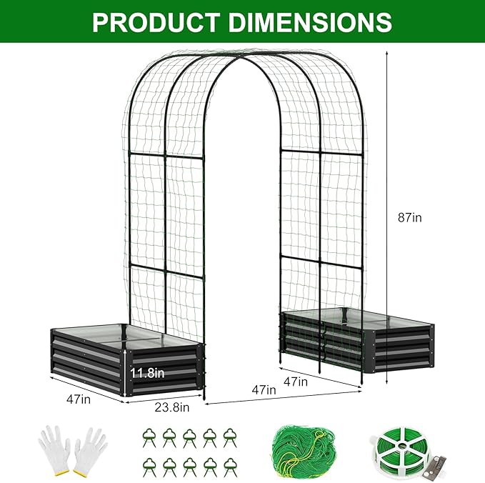 SUNYRISY Galvanized Raised Garden Bed with 87" H Arch Trellis for Climbing Plants Outdoor, Metal Planter Box with Netting for Gardening Flowers Vegetables Fruit, Black