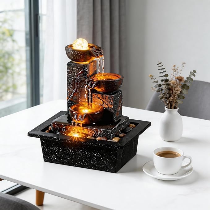 Tolevoit Three Bowls with Rotating Ball Flowing Tabletop Fountain Home Décor Indoor Decor Waterfall Sound Zen Mini Fountain Warm Led Light Pebbles Stone(23114)