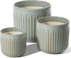 LE TAUCI Ceramic Pots for Plants, 8.3/7/6 Inch Indoor Planters with Drainage Holes & Mesh, Modern Glossy Glaze Cylinder Fluted Plant Pot for Snake Plant, Set of 3, Mist Gray