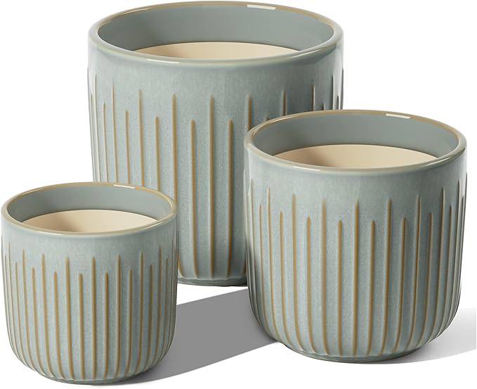 LE TAUCI Ceramic Pots for Plants, 8.3/7/6 Inch Indoor Planters with Drainage Holes & Mesh, Modern Glossy Glaze Cylinder Fluted Plant Pot for Snake Plant, Set of 3, Mist Gray