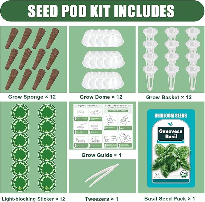 Herb Seed Pods Kit Basil - for All Hydroponics Growing Systems, 12 Pods Herb Kit with 1000+ Seeds of Genovese Basil, Grow Your Own Herb Garden at Home
