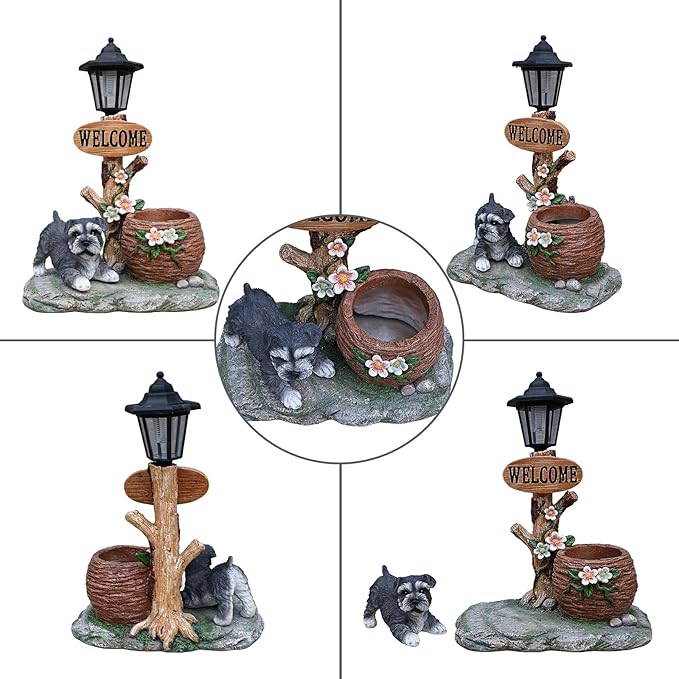 Animal Outdoor Statue Planter Solar Light Welcome Garden Sculpture Resin Flower Pot Decorative Porch Patio Yard Lawn Entryway Figurine with LED Lamp Rustic Plant Holder Ornament Courtyard (A)