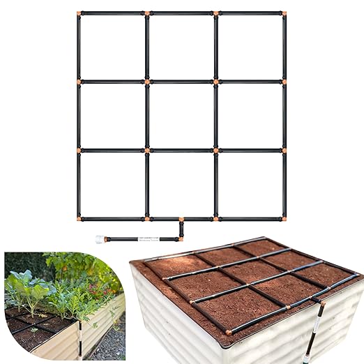 Garden Grid Watering System - 3x3 Standard | Raised Garden Bed Drip Irrigation System – But Better | Pre-Assembled, Waters Every Plant Evenly, 1-Min Setup | Square Foot Gardening | 33.5"x33.5"
