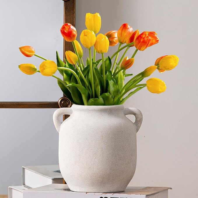Ceramic Flower Vase Home Decor - 6 Inch Farmhouse Rustic White Table Vases with Handle Living Room Decoration Decorative Vintage Pottery for Kitchen Shelf Coffee Dining Desk Bookshelf Fireplace