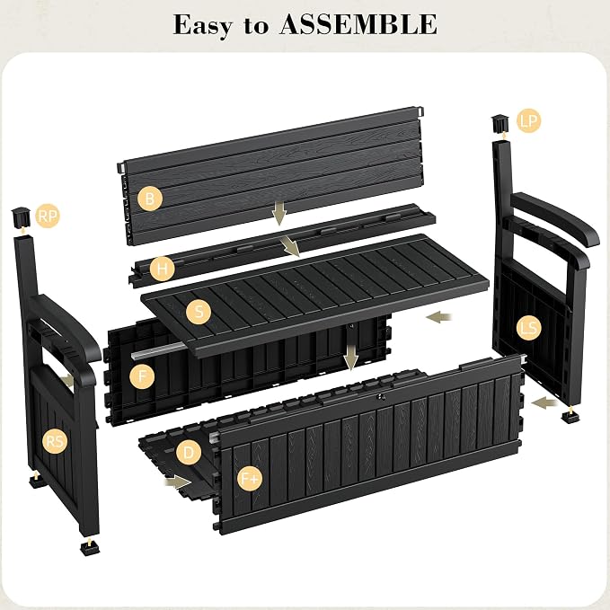 80 Gallon Outdoor Storage Box,Resin Stripes Deck Box Doubles as 2-Person Bench Seat,Waterproof Storage Outdoor Porch Bench for Cushions,Garden Tools and Pool Supplies Black