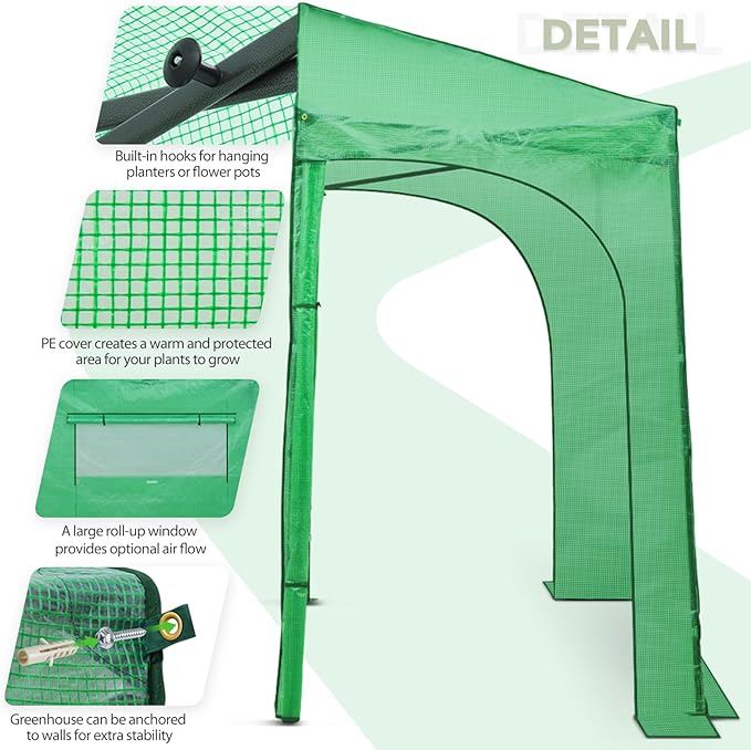 EAGLE PEAK 10x5 Portable Walk in Greenhouse, Pop Up Indoor Outdoor Greenhouse, Green House Kit with Zippered Roll-Up Doors and Windows, Lean-to Design, PE Cover, Clear/Green
