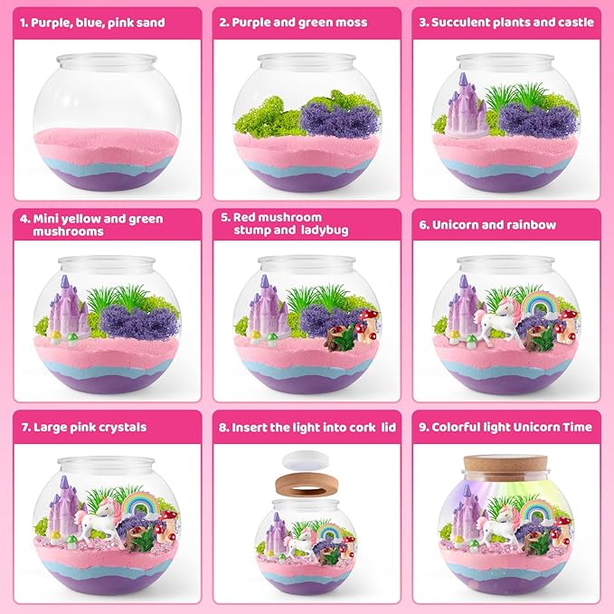 JOYEEMAX Unicorn Light-Up Terrarium Kit for Kids - LED Night Light Birthday Gift for Girls Ages 4 5 6 7 8-12 Year Old - Unicorn Toys for Girls - DIY Arts and Crafts Kit for Kids