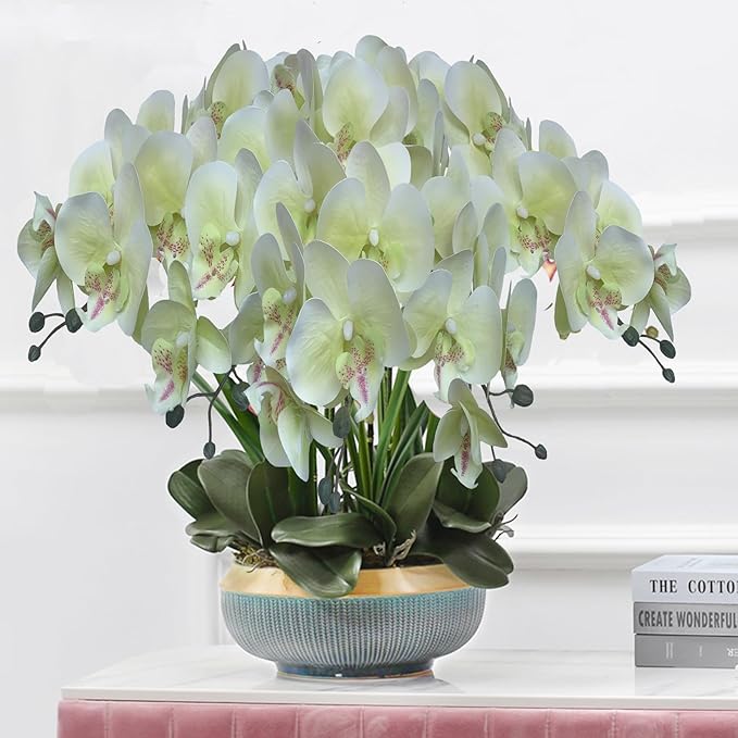 FagusHome 32 Inch Artificial Phalaenopsis Flowers 6 Pcs Artificial Orchid Flowers Stem Plants for Home Décor (Light Green), FH1000143