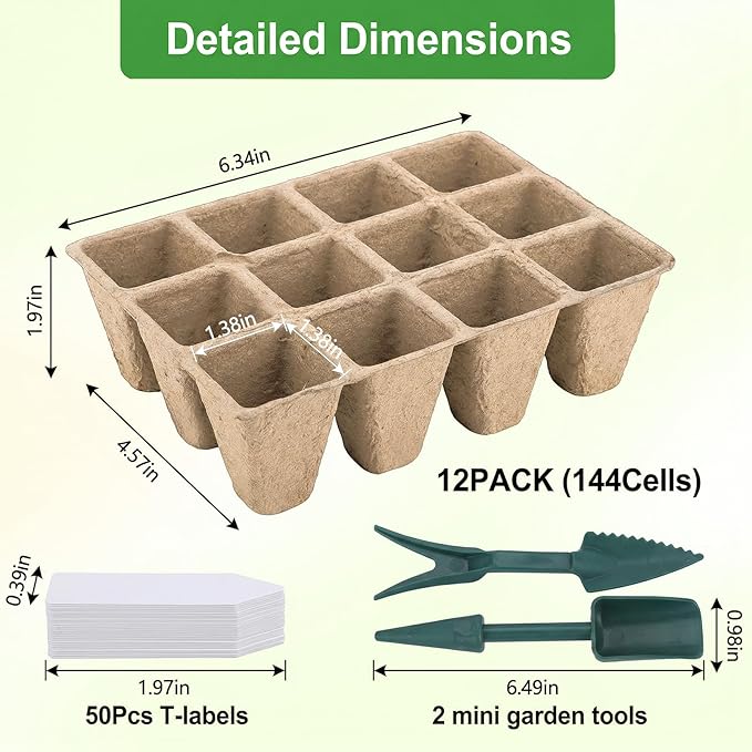 Prudiut 144 Cells Seed Starter Tray, 12 Pack Biodegradable Peat Pots, Plant Starter Kit for Seedlings with 50 Labels & Transplanting Tools, Germination Cups for Vegetables, Flowers, Herbs