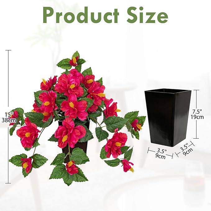 Briful Artificial Hanging Hibiscus Flowers Potted Plant – Faux Tropical Hibiscus with Silk Petals & Lush Leaves – Black Square Pot – Hot Pink Fake Flower for Indoor Outdoor Porch Patio Decor