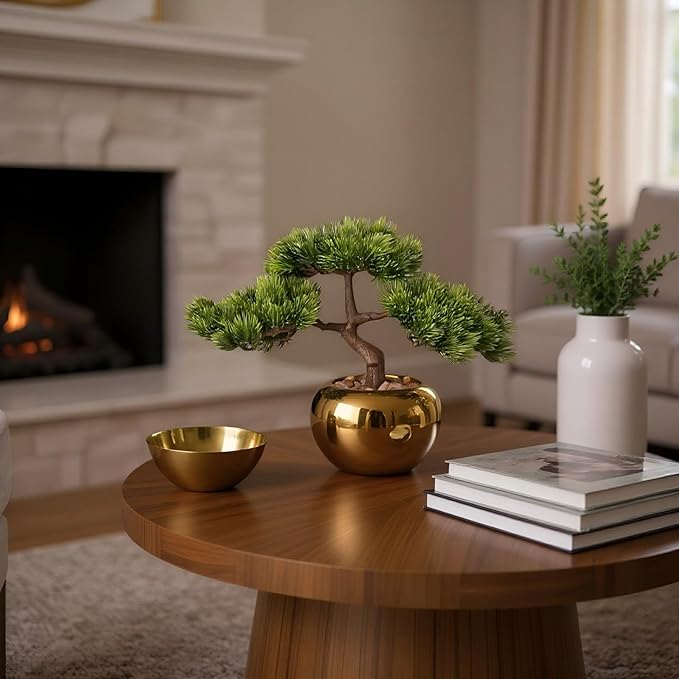 9.5 Inch Artificial Bonsai Tree with Ceramic Pot - Decorative Fake Plant for Home Office Living Room Window Sill, Fake Plants for Year-Round Decoration（Gold）