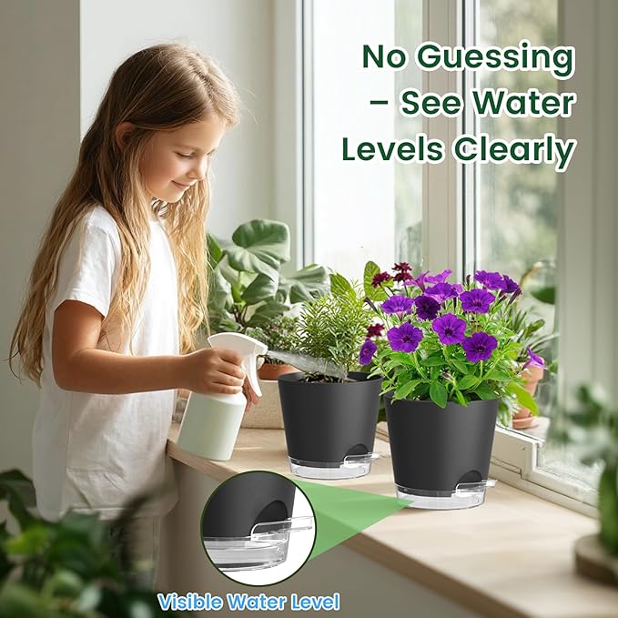 Meowell 8 inch Self Watering Pots for Indoor Outdoor Plants, 2 Pack Flower Plant Pots with Drainage Holes & Clear Reservoir for Visible Water Level, Plastic Wicking Planters for House Plants, Black