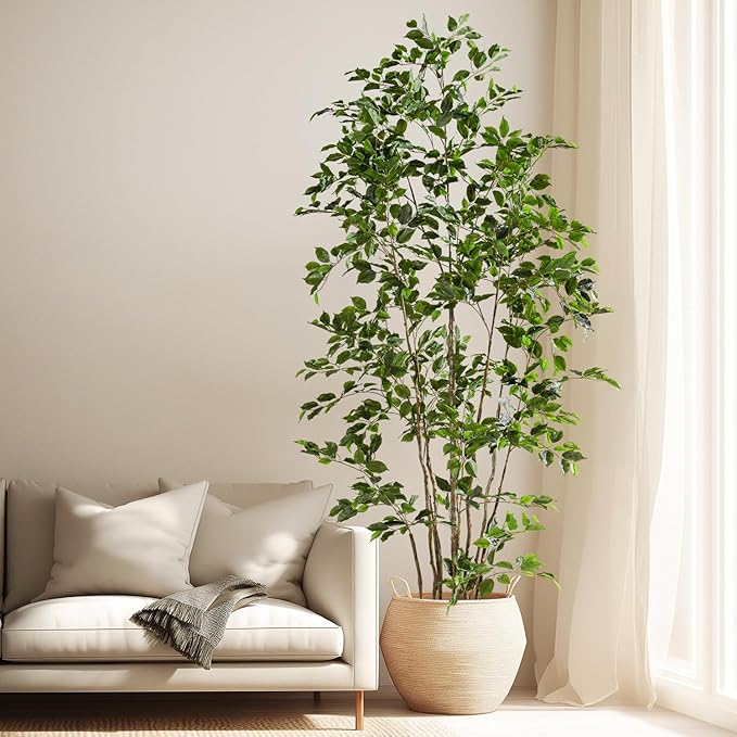 Bailikang Artificial Ficus Tree Indoor 8ft, Large Potted Faux Tree with Realistic Silk Leaves & Trunk for Home Office, Living Room Corner Decor