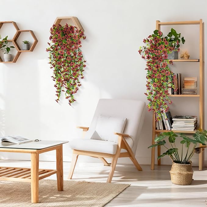 Artificial Fake Hanging Flowers Plants for Outdoor Summer Decoration,2 PCS Faux Silk Daisy with Eucalyptus Leaves,UV Resistant Look Real for Outside Home Indoor Planter Porch Patio Balcony Yard Decor