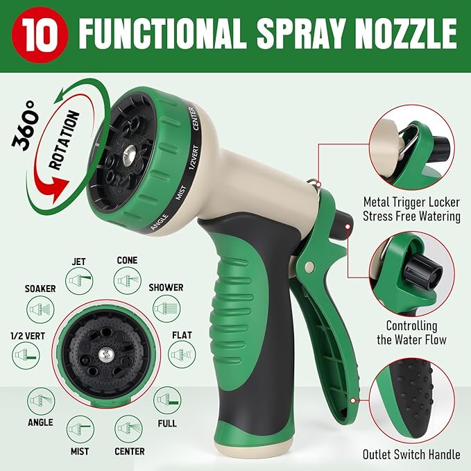 Heavy Duty Garden Hose 50 ft, NON-EXPANDABLE Water Hose with 10 Function Spray Nozzle, Lightweight Kink-less Hybrid Hose with Swivel Handle, Male to Female Fittings